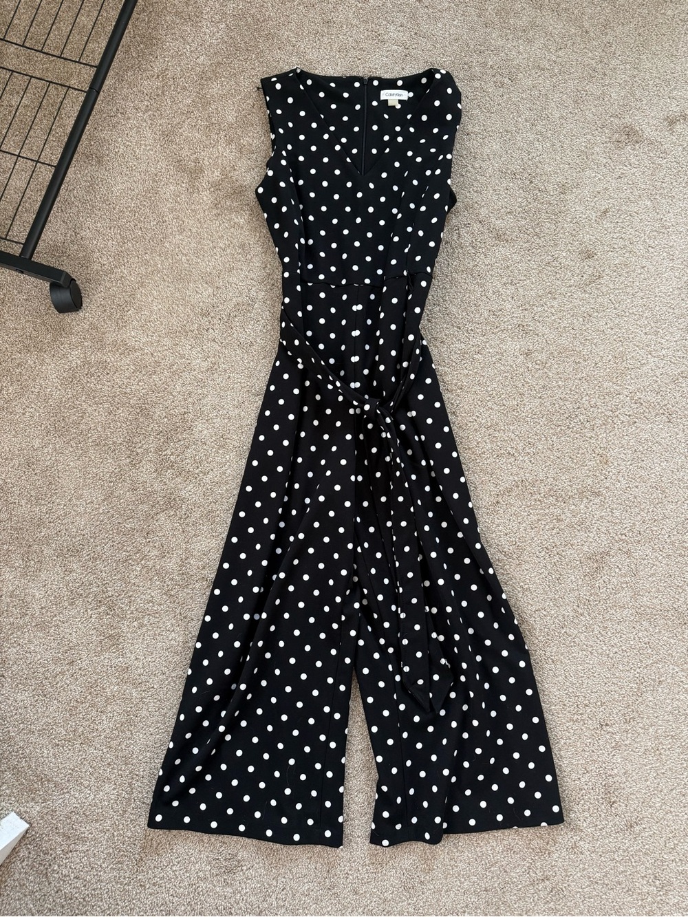 Calvin Klein Black Polka Dot Sleeveless Wide Leg Jumpsuit with Tie Waist Size 10